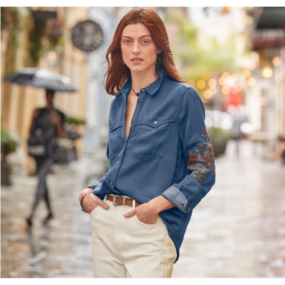 Sundance Embroidered Blue Denim Tencel Shirt PXL Bird Floral Western Style